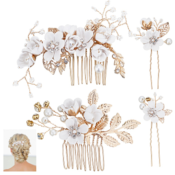 Wedding Bridal Alloy Rhinestone Hair Forks & Combs Set, with ABS Plastic Imitation Pearl, Hair Accessories for Women, Flower & Leaf, Golden, 73~90x42~110x8~15mm, 4pcs/set
