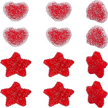 SUPERFINDINGS 12Pcs 2 Style Resin Beads for Valentine's Day, with Crystal Rhinestone, Imitation Candy Food Style, Heart & Star, Red, 6pcs/style