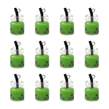 Glass Bottle Pendants, with Resin Inside and Iron Findings, Imitation Bubble Tea/Boba Milk Tea, Green, 20~25x11~14x11mm, Hole: 1.8mm
