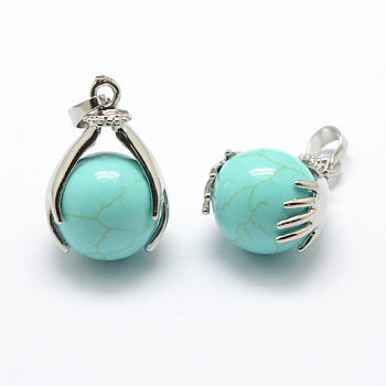 Gemstone Pendants, with Brass Findings and Natural  Turquoise, Round, Platinum, 27x18mm, Hole: 4x6mm