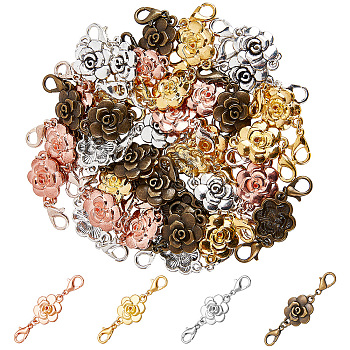 40Pcs 4 Styles Zinc Alloy Double Lobster Claw Clasps Connectors, Flower Connector Charms Extender for Bracelet, Necklace, Mixed Color, 45mm, Clasp: 12x6mm, Flower: 14x19x3.5mm, 10pcs/style