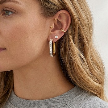 304 Stainless Steel Pave Clear Cubic Zirconia Huggie Hoop Earrings, Rectangle, Golden, 21x16x4mm