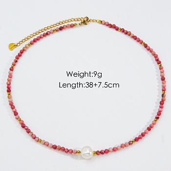 Handmade Natual Pearl & Natural Rhodonite & Shell Beaded Necklaces, Stainless Steel Necklace Jewelry for Women, 14.96 inch(38cm)