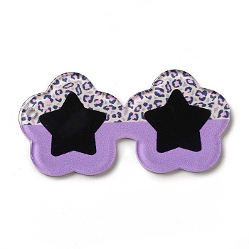 Cute Opaque Printed Acrylic Pendants, Star Glasses with Leopard Print Charm, Purple, 55x26.5x2mm, Hole: 2mm