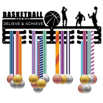 Fashion Iron Medal Hanger Holder Display Wall Rack, 3-Line, with Screws, Black, Basketball, 150x400mm, Hole: 5mm