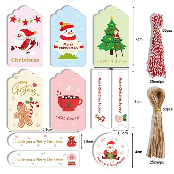 Christmas Theme Paper Tags, with Cotton Rope & Hemp Rope, Gift Tags Hang Labels, for Christmas Decorate, Mixed Color, Pape Sizer: 20.5x14cm