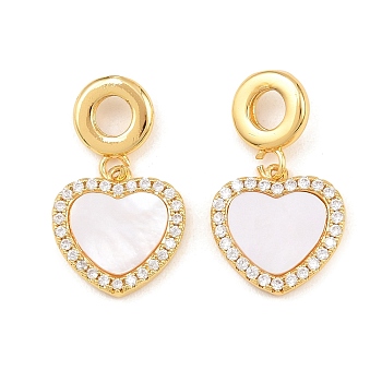 Brass Micro Pave Clear Cubic Zirconia European Charms, Heart Large Hole Pendants, with Natural White Shell, Real 18K Gold Plated, 28mm, Hole: 4.8mm