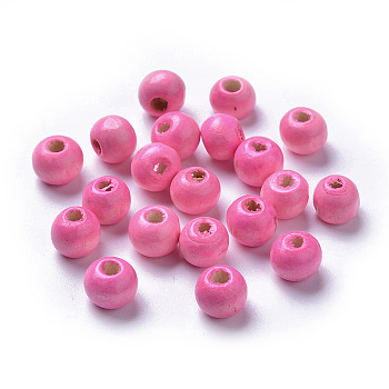 Dyed Natural Wood Beads, Round, Lead Free, Pink, 8x7mm, Hole: 3mm