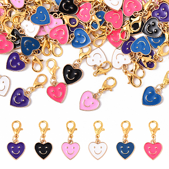 48Pcs 6 Colors Alloy Enamel Heart with Smiling Face Pattern Pendant Decorations, with Lobster Claw Clasps, Golden, Mixed Color, 27mm, 8pcs/color