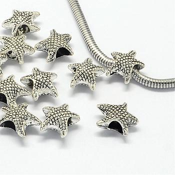 Alloy European Beads, Large Hole Beads, Starfish/Sea Stars, Antique Silver, 13.5x12x6.5mm, Hole: 5mm