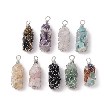 Rack Plating Copper Wire Wrapped Natural Mixed Stone Chip Big Pendants, Macrame Gems Charms, Cadmium Free & Lead Free, Platinum, 45.5~56x17~20x17~22mm, Hole: 5~6.5mm