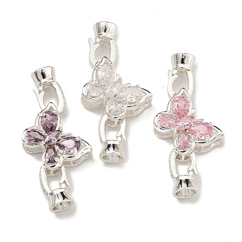 Brass Micro Pave Cubic Zirconia Fold Over Clasps, Butterfly, Mixed Color, 36x15.5x7mm, Hole: 4mm