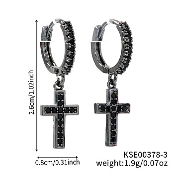 Shiny Brass Pave Cubic Zirconia Cross Hoop Earrings, Fashionable, Simple, and Trendy Women's Accessories, Black, 26x8mm