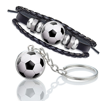 Glass Football Jewelry Set, PU Leather Triple Layer Multi-strand Bracelets & Keychain, with Alloy Findings, Black, 7-1/8 inch(18cm), 80mm