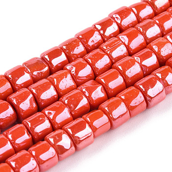 Opaque Glass Bead Strands, Pearl Luster Plated, Column, Red, 5~5.5x4~4.5mm, Hole: 1.4mm, about 95~99pcs/strand, 15.28 inch~39.3 inch(38.8~39.3cm)