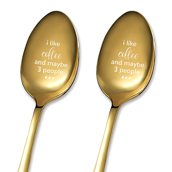 Stainless Steel Spoons Set, with Packing Box, Word I like coffee and maybe 3 people, Golden Color, Word, 182x43mm, 2pcs/set