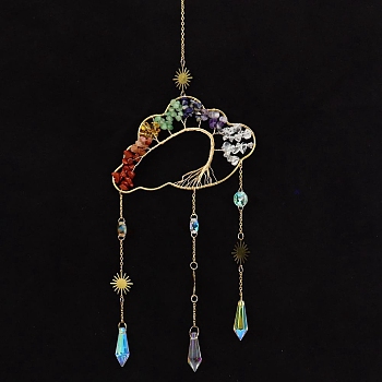 Natural Mixed Stone Copper Wire Wrapped Cloud with Tree of Life Hanging Ornaments, Teardrop Glass Tassel Suncatchers for Home Outdoor Decoration, 500x140mm
