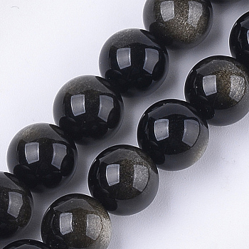 Natural Golden Sheen Obsidian Beads Strands, Grade A, Round, 10mm, Hole: 1mm, about 18~20pcs/strand, 7.4 inch