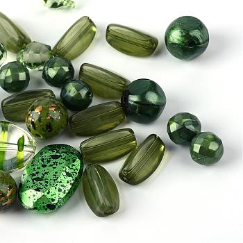 Acrylic Beads, Mixed Shapes, Dark Olive Green, 5.5~28x6~20x3~11mm, Hole: 1~5mm