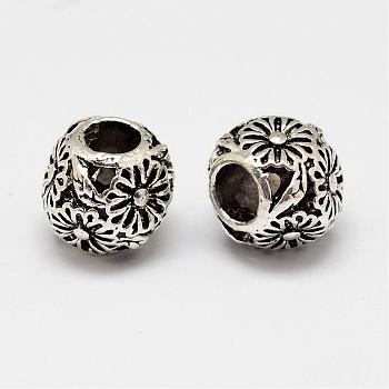 Barrel with Flower Alloy European Beads, Large Hole Beads, Antique Silver, 11x10x9.5mm, Hole: 4.5mm