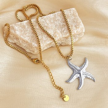 304 Stainless Steel Summer Beach Pendant Box Chain Necklaces, Real 18K Gold Plated & Stainless Steel Color, Starfish, 17.99 inch(45.7cm)