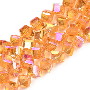 Electroplate Transparent Glass Beads Strands, Faceted, Diagonal Cube Beads, Dark Orange, 8.5x9.5x9.5mm, Hole: 1.5mm, about 80pcs/strand, 25.98 inch(66cm)