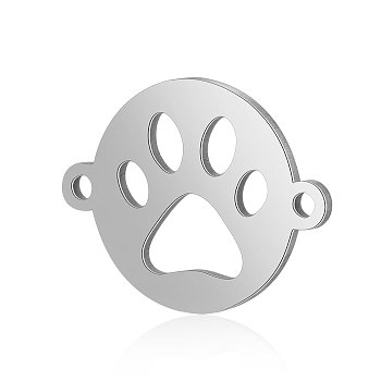 201 Stainless Steel Links Connectors, Flat Round with Dog Paw Print, Stainless Steel Color, 12x15.5x0.8mm, Hole: 0.8mm