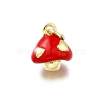 Brass Enamel Charms, with Jump Ring, Mushroom Charm, Long-Lasting Plated, Lead Free & Cadmium Free, Real 18K Gold Plated, Rack Plating, Red, 11x9.5x7mm, Hole: 3mm(KK-K400-29G-03)