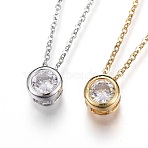 Brass Micro Pave Cubic Zirconia Pendant Necklaces, with 304 Stainless Steel Chain, Flat Round, Clear, Mixed Color, 17.7 inch(45.2cm)(NJEW-O108-29)