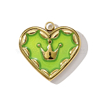 304 Stainless Steel Enamel Pendants, Heart with Crown Charms, Ion Plating(IP), Real 18K Gold Plated, Lime, 15x14mm(STAS-OY001-96G)