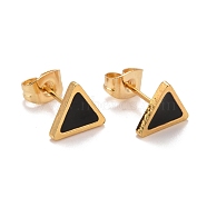 304 Stainless Steel Enamel Stud Earrings, with 316 Surgical Stainless Steel Pin, Golden, Triangle, Black, 8x8.5x2mm, Pin: 0.8mm(EJEW-B009-11G-01)