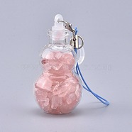 Transparent Glass Wishing Bottle Pendant Decoration, with Natural Rose Quartz Chips inside, Plastic Plug, Nylon Cord and Iron Findings, Gourd, 111~130mm(HJEW-K033-B03)