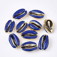 Electroplated Cowrie Shell Beads, with Enamel, No Hole/Undrilled, Golden, Blue, 18~20x12~14x6~7.5mm(SSHEL-T008-11G-01)