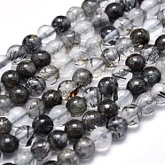 Natural Tourmalinated Quartz/Black Rutilated Quartz Beads Strands, Round, 4~4.5mm, Hole: 0.5mm, about 102pcs/Strand, 15.35 inch(39cm)(G-K305-21-C)