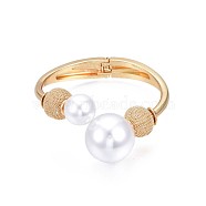 ABS Plastic Pearl Round Beaded Open Cuff Bangle, Brass Chunky Hinged Bangle for Women, Golden, Inner Diameter: 1-7/8x2-3/8 inch(4.7x5.9cm)(BJEW-S118-104G)