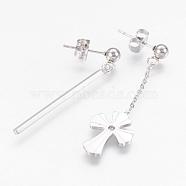 (Jewelry Parties Factory Sale)304 Stainless Steel Dangle Stud Earrings, Asymmetrical Earrings, Strip and Cross, Stainless Steel Color, 38~41mm, Pin: 0.7mm(EJEW-G225-03P)