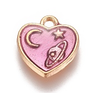 Zinc Alloy Charms, with Enamel, Heart with Moon and Star, Light Gold, Violet, 12.5x11.5x2mm, Hole: 1.6mm(X-ENAM-I023-02KCG-03)