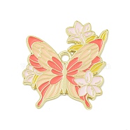 Alloy Enamel Pendants, Golden, Butterfly with Flower Charm, Salmon, 30x31x1mm, Hole: 2mm(ENAM-I060-15C)