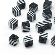 Opaque Stripe Resin Beads, Cube, Black, 10x10x9mm, Hole: 4mm(RESI-S342-10x10-01)