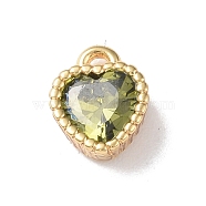 Brass Charms, with Glass, Heart Charm, Real 18K Gold Plated, Yellow Green, 8x6x3mm, Hole: 1mm(KK-I702-32B)