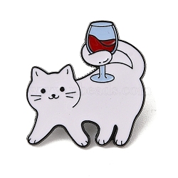 Drunk Cat Shaped Alloy Brooch, Kitten with Wine Goblet Enamel Pins, for Backpack, Clothes, White, 30x30mm(JEWB-M046-07B)