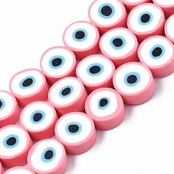 Handmade Polymer Clay Beads Strands, Flat Round with Eye, Pink, 8~11x4mm, Hole: 1.2mm, about 40pcs/strand, 13.98 inch~ 15.35inch(35.5cm~39cm)(X-CLAY-S096-041B)