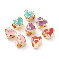 Brass Enamel European Beads, Large Hole Beads, Long-lasting Plated, with Micro Pave Clear Cubic Zirconia, Heart, Real 18K Gold Plated, Mixed Color, 9.5x11x8.5mm, Hole: 4.5mm(MPDL-P005-08G)