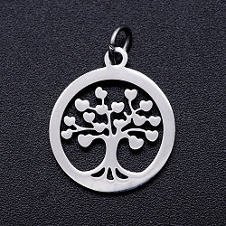 201 Stainless Steel Pendants, with Unsoldered Jump Rings, Flat Round with Tree of Life, Stainless Steel Color, 17x15x1mm, Jump Ring: 5x1mm, 3mm inner diameter(STAS-T046-JA350-1)