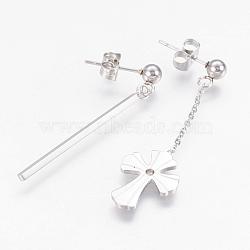 Tarnish Resistant (Jewelry Parties Factory Sale)304 Stainless Steel Dangle Stud Earrings, Asymmetrical Earrings, Strip and Cross, Stainless Steel Color, 38~41mm, Pin: 0.7mm(EJEW-G225-03P)