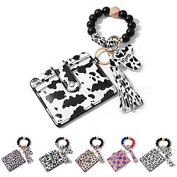 Leather Wristlet Keychain Bracelet Wallet for Women, Silicone & Wood Beaded Wristlet Card Holder with Tassel, Cow Pattern, 11.1x9.5cm, Bracelet: 56mm Inner Diameter(JX632B)