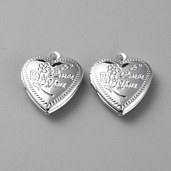 Valentine's Day Brass Locket Pendant, Photo Frame Charms for Necklaces, Heart with Flower & Word Love You, Platinum, 22.5x19x6mm, Hole: 1.5mm, Inner Diameter: 11x13.5mm(KK-WH0054-70P)