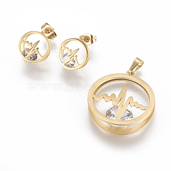 304 Stainless Steel Pendants and Stud Earrings Jewelry Sets, with Rhinestone, Flat Round with Heartbeat, Golden, Pendants: 27~27.5x24~25x6~6.5mm; Hole: 3~3.5x6mm; Ear Studs: 12~12.5x11.5~14.5mm; Pin: 0.6mm(SJEW-E330-01G)