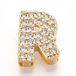 Brass Micro Pave Cubic Zirconia Charms, Letter, Letter R, 10x8x4.5mm, Hole: 2.5~3.5x1.8mm(KK-N254-217G-R)