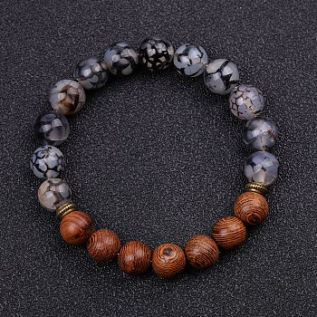 Dyed Natural Crackle Agate & Wood Round Beaded Stretch Bracelets, Black, 7-1/2~7-5/8 inch(19~19.5cm)